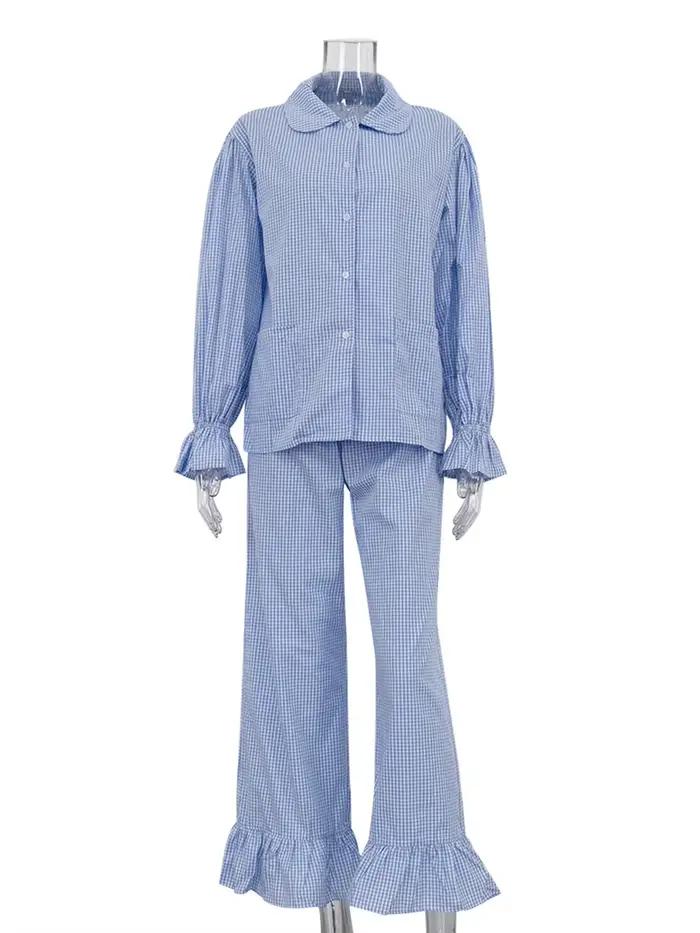 Marthaqiqi-Ensemble pyjama rayé pour femmes, vêtements de nuit à col rabattu, manches longues, chemise de nuit et pantalon décontractés, vêtements de nuit pour dames, 2 pièces trempées