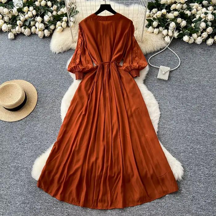 Elegantné vintage vyšívané gombíkové šaty do A-liniek Štýlové ležérne plážové prázdninové letné