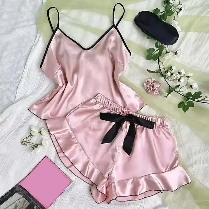 Pyjama en Satin lisse pour femmes, T-Shirt à col en v, bords à volants et short à nœud, ensemble pyjama Simple et respirant, vêtements de maison à bretelles