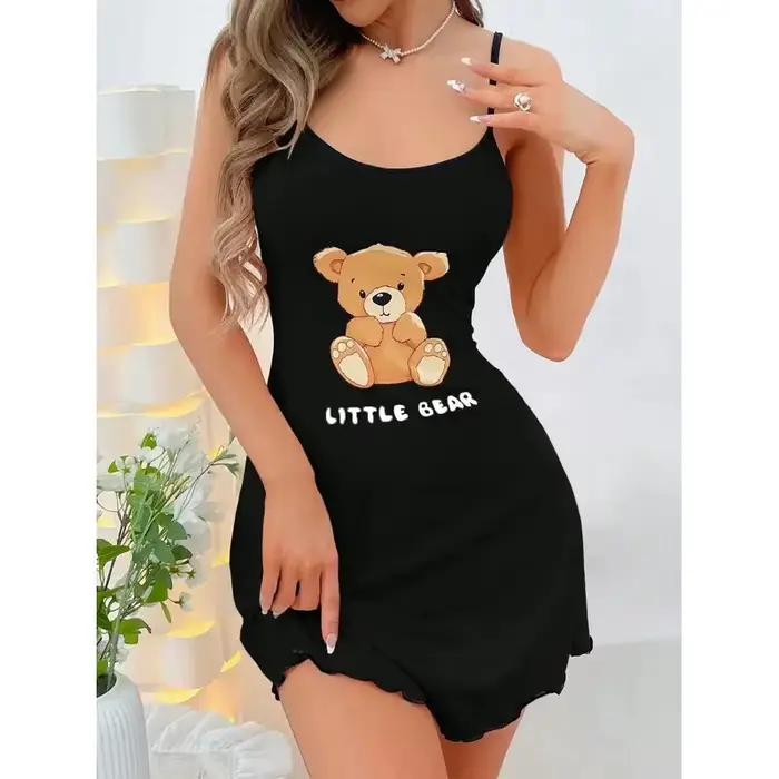 Robe d'été à bretelles pour femme, mini-robe de nuit confortable pour la maison, pyjama sexy imprimé petit ours