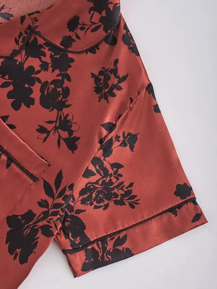Ensemble pyjama en satin pour femmes, imprimé floral rouge et noir, haut à manches courtes et pantalon long, vêtements de nuit de luxe, vêtements de nuit en soie, vêtements de détente