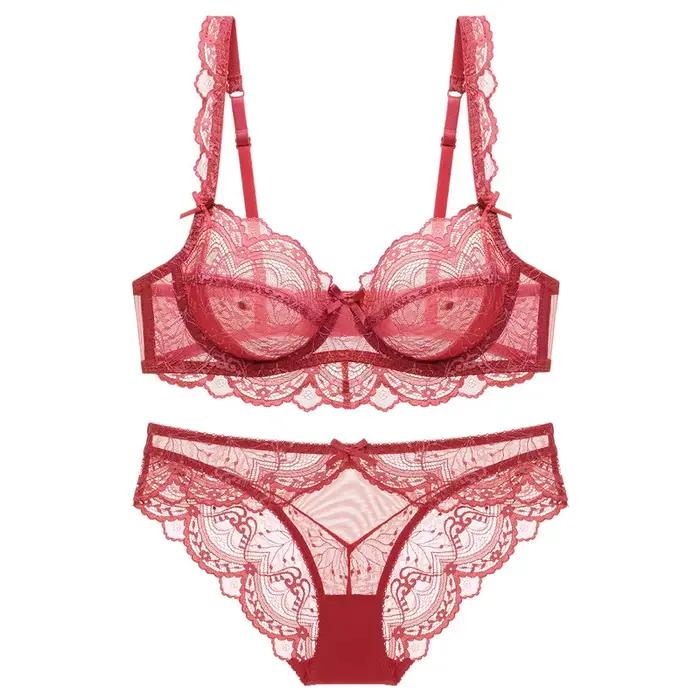 Ensemble de soutien-gorge en dentelle française pour femme, haut de soutien-gorge sans éponge, coton fin doux, tasse 3/4, soutien-gorge et slip transparents pour occasions quotidiennes et spéciales