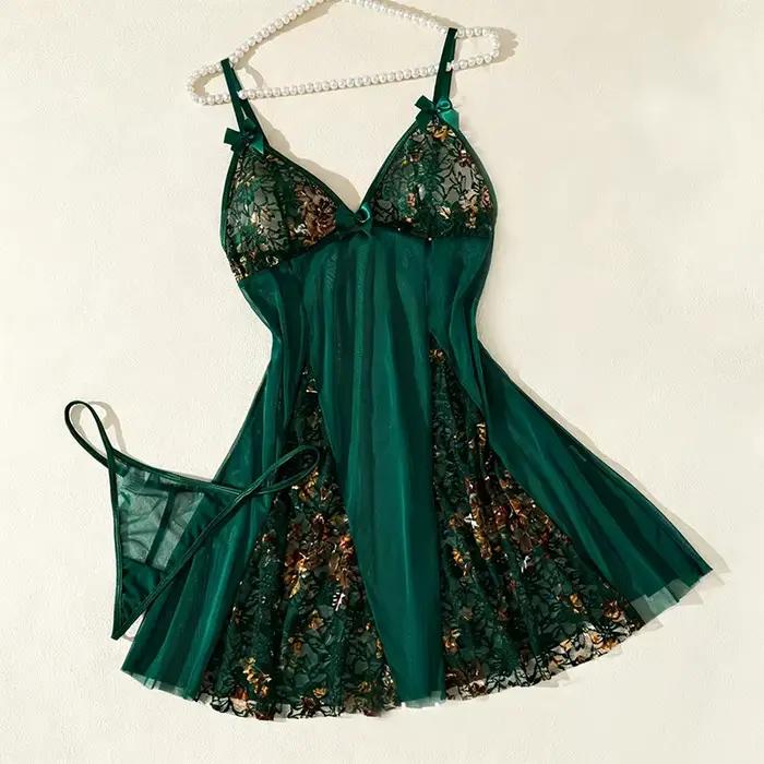 Pyjama pour femmes, vert foncé, en maille, vêtements de nuit, dentelle, nœud, robe de nuit, col en V, bretelles spaghetti, sans manches, mini robe de nuit