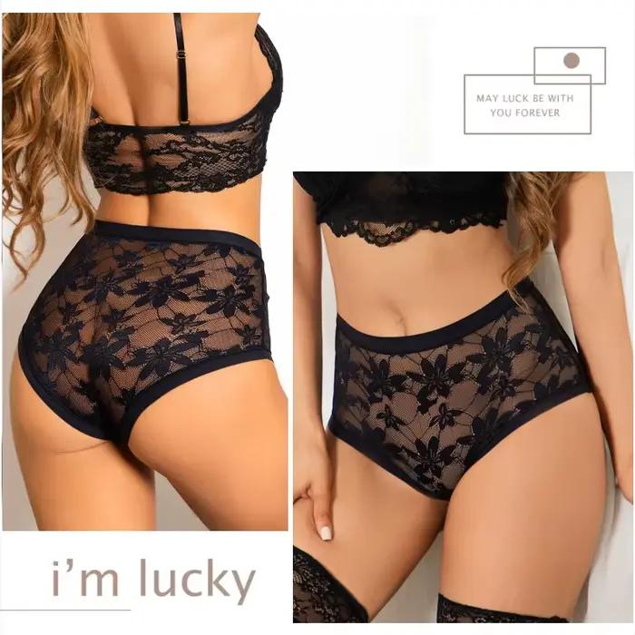 FINETOO Lot de 4 culottes taille haute en dentelle florale pour femme, couleur unie, respirantes, confortables, lingerie transparente