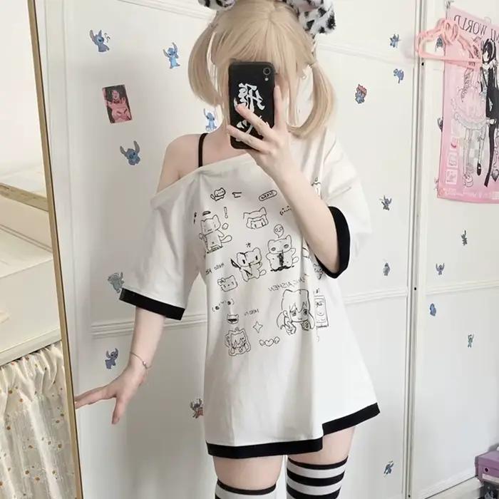 Japonská Y2k subkultúra roztomilé tričko s odhalenými ramenami biele krátke rukávy letné