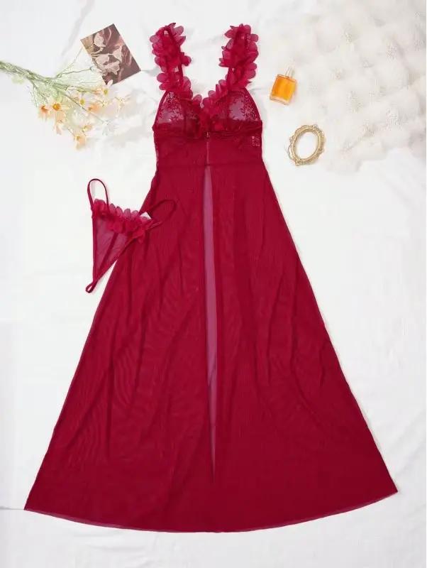 Robe de nuit en dentelle florale 3D pour femmes, ensemble chemise de nuit + string, vêtements intimes, tenue de chambre à coucher, vêtements de nuit Combo