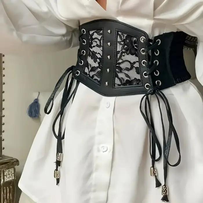 Ceinture corset chic noire à lacets - Ceinture élastique large pour femme |   Parfait pour les fêtes et les sorties décontractées