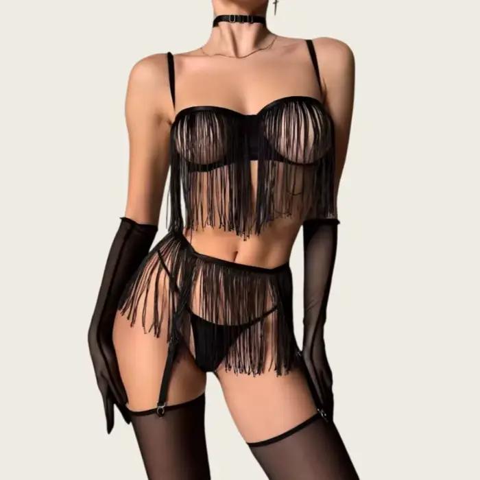 Ensemble de lingerie érotique de luxe pour femmes avec pompons, sous-vêtements sexy, 8 pièces, soutien-gorge et culotte transparents ultra-sensuels avec porte-jarretelles, lingerie intime