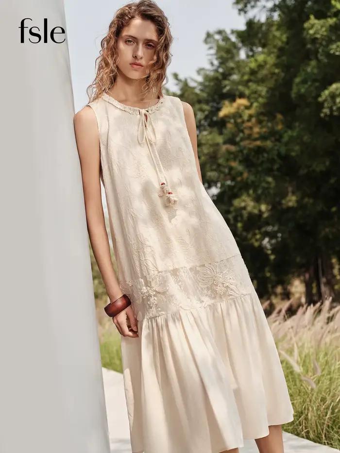 FSLE【Prémiová séria】Elegantné midi šaty bez rukávov s výšivkou a patchworkom pre ženy