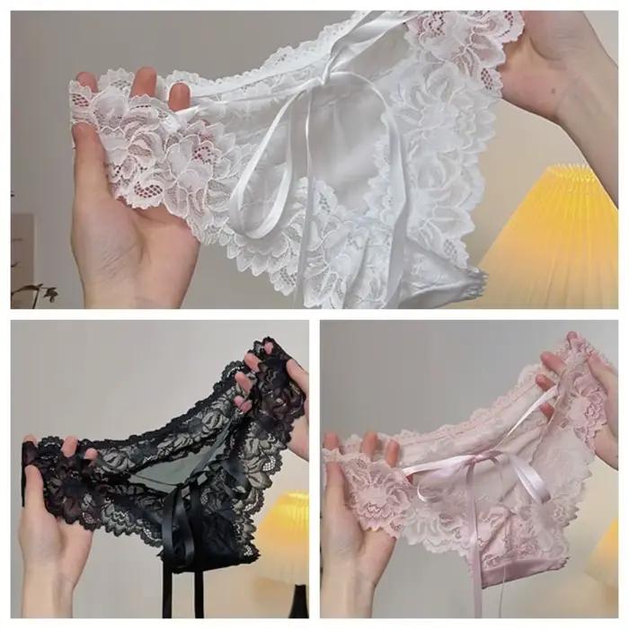 Culottes en dentelle à nœud et fleurs, sans couture, taille basse, en maille transparente, avec lacets, pour femme