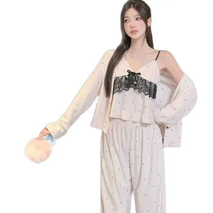 Pyjama 3 pièces en velours Island pour femmes, slip Sexy en dentelle, vêtements de maison, ensemble décontracté, printemps et automne