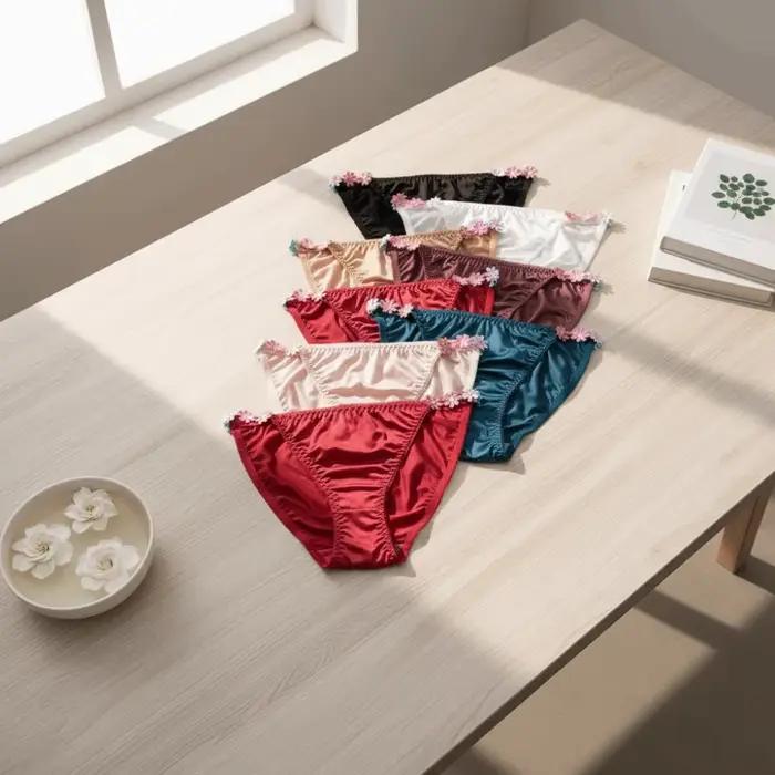 Culottes en satin de soie taille basse avec entrejambe en coton, motif floral, respirantes, pour femme