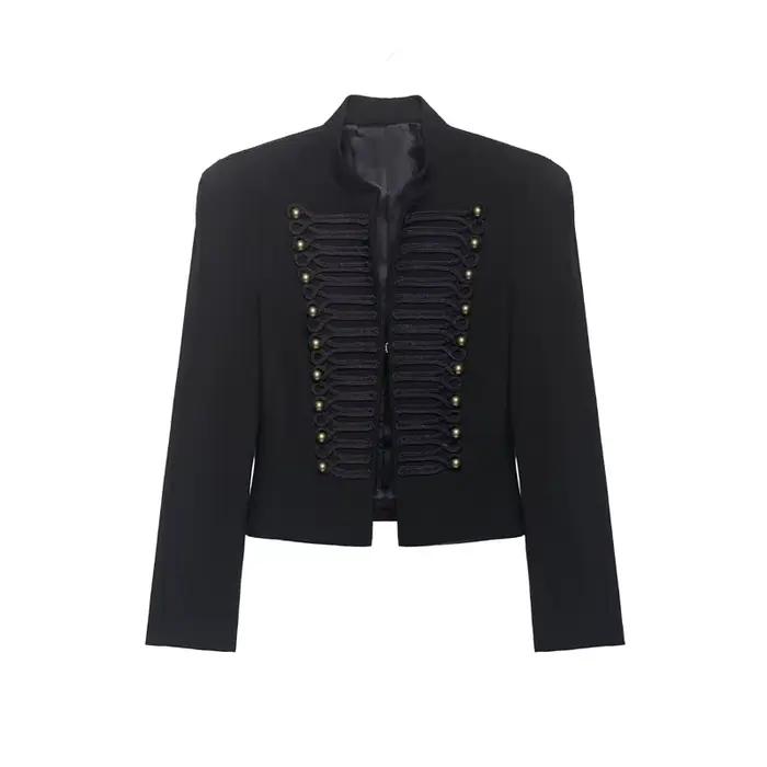 Veste courte en polyester avec détails dorés pour femmes, style décontracté et élégant pour les saisons printemps et automne, idéale pour sorties et occasions spéciales