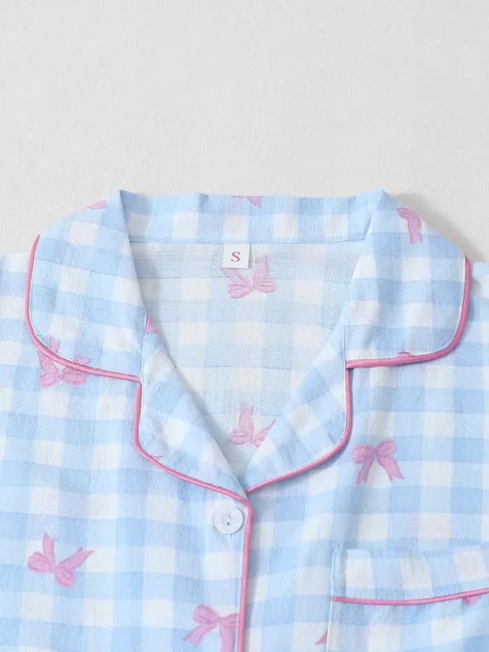 Pyjama femme 3 pièces à revers cranté, manches courtes, short et pantalon, imprimé carreaux à nœud mignon, pour printemps, été, automne, vêtements d'intérieur