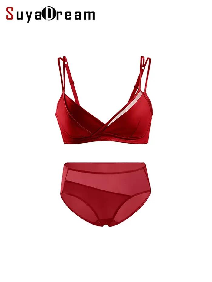SuyaDream, ensemble de soutien-gorge en soie pour femme, 93% soie 7% élasthanne, bonnet 3/4, sous-vêtements sans fil, 2026 intimes confortables, rouge