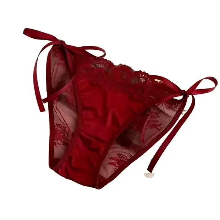 Culottes transparentes en dentelle sans couture à motif floral, taille mi-haute, avec lacets, en maille et satin de soie pour femme