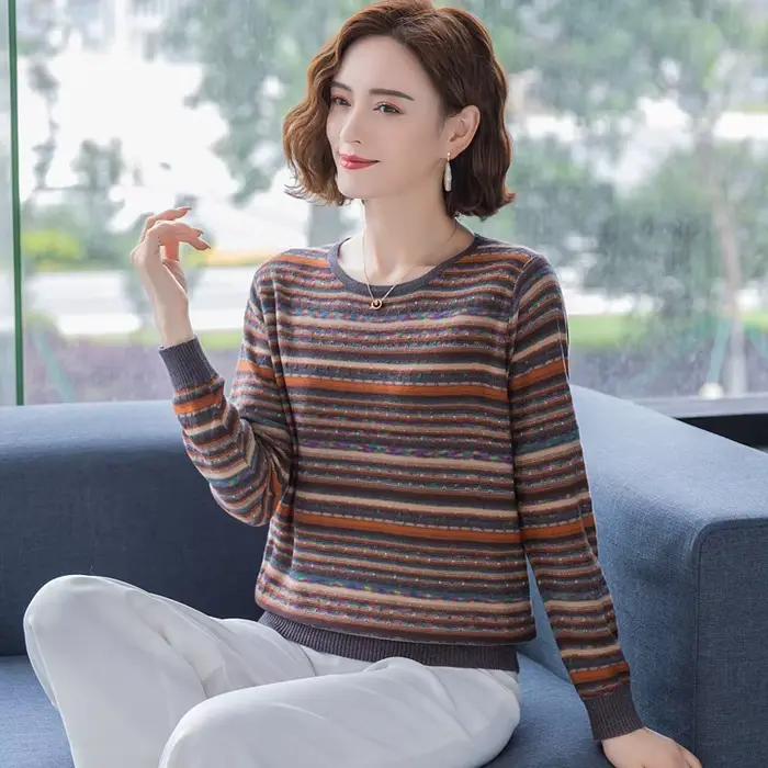 S-3XL Stredný vek matka základný pulóver pre ženy jar jeseň nový pruhovaný dlhý rukáv golier rebrovaný Dámsky KnitChester