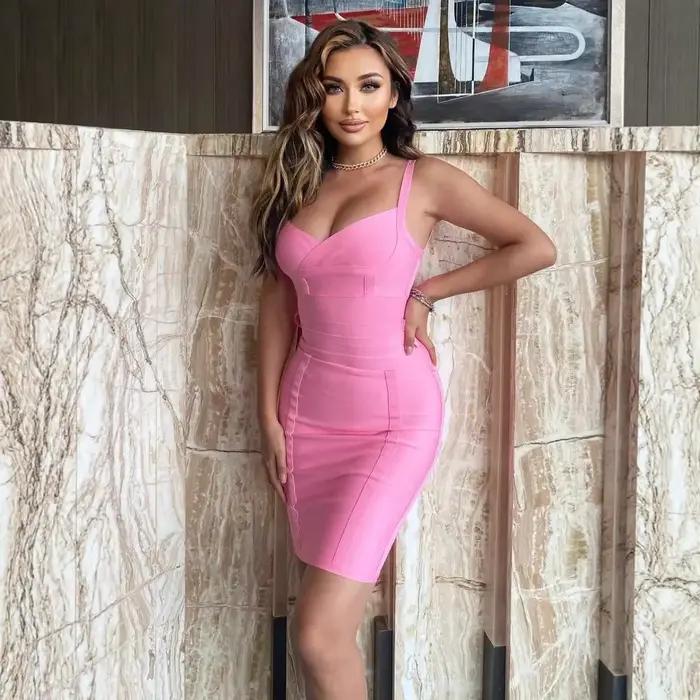 WillBeNice klasické Sexy priliehavé Spaghetti narodeninové ružové obväzové šaty pre ženy opasok opasky