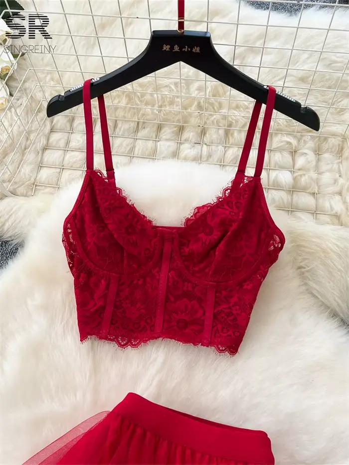 SINGREINY – costume deux pièces Sexy en dentelle pour femmes, Camisole sans bretelles + jupe à taille élastique irrégulière, ensembles de fête en gaze à la mode
