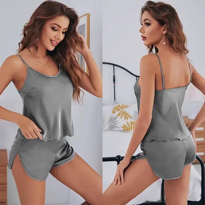 Ensemble de pyjamas en satin pour femmes, ensemble de lingerie, haut et short, vêtements de nuit, sous-vêtements en fibre, 2 pièces