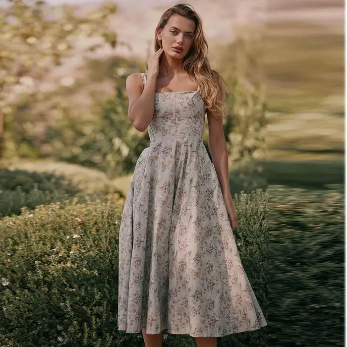 Suninheart letné elegantné šaty so šnurovaním 2025 novinky kvetinový vzor midi