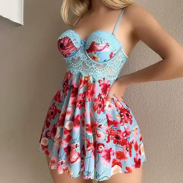 Chemise de nuit pour femmes, quatre saisons, printemps et été, décontractée, romantique, élégante, à imprimé floral, chemise de nuit sexy à bretelles pour femmes