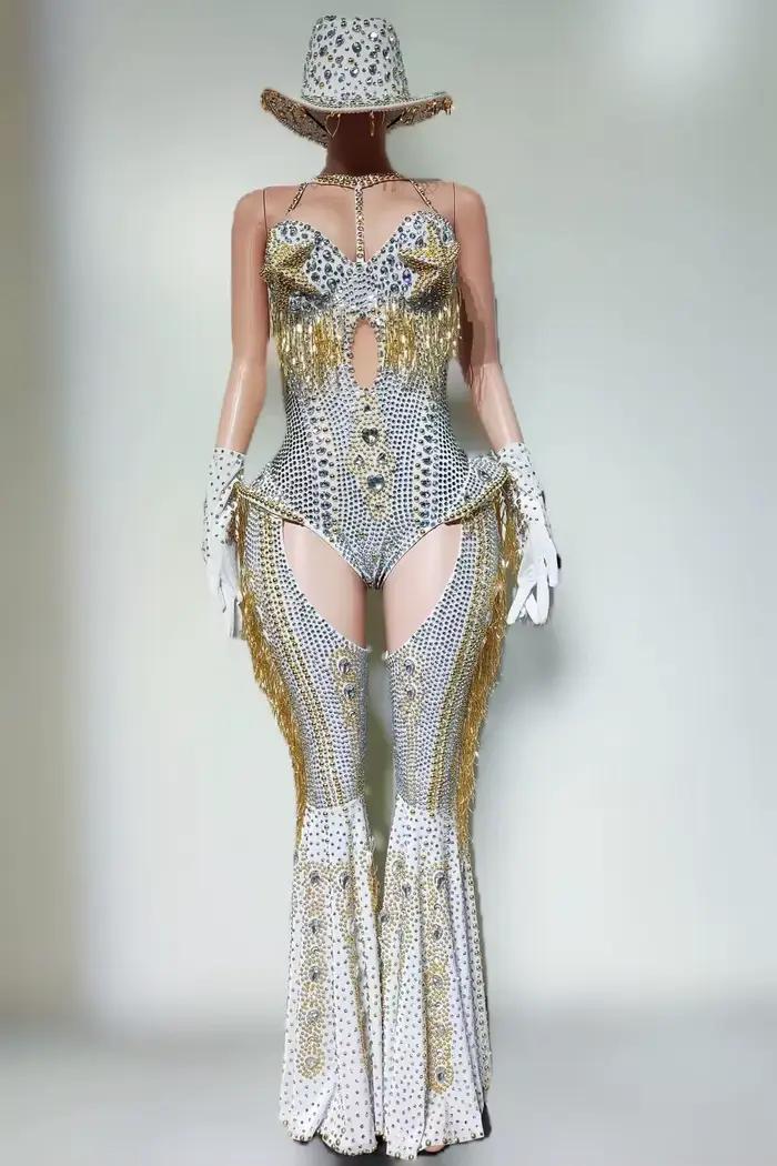 Ensemble 4 pièces haut de gamme avec strass pour femmes, tenue de Club, Cowboy, spectacle de fête, combinaison de carnaval, Showgirl, vêtements Sexy, Hongding