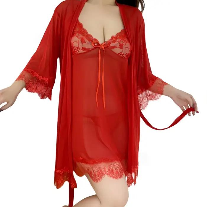 Ensemble de lingerie sexy en maille pour femmes rondes, nuisette grande taille avec robe assortie, tenue de nuit érotique pour chambre à coucher, lune de miel, rendez-vous galant