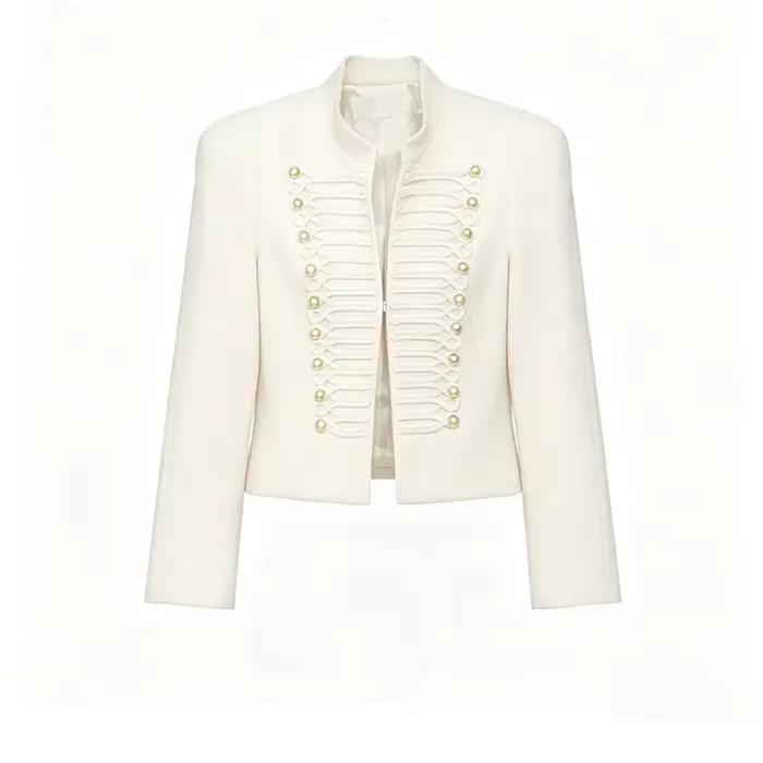 Veste courte en polyester avec détails dorés pour femmes, style décontracté et élégant pour les saisons printemps et automne, idéale pour sorties et occasions spéciales
