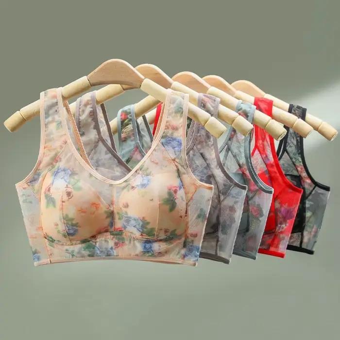 Soutien-gorge de nuit push-up en dentelle florale pour femme, sans couture, grande taille, imprimé floral, sous-vêtement type débardeur, avec bande élargie, en maille de soie glacée, pour personnes âg