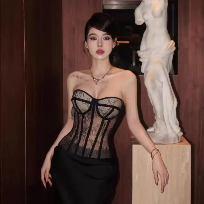Corset à cadre en acier pour femmes, soutien-gorge sans bretelles en dentelle avec Design ajouré, Corset noir et blanc pour libérer votre beauté