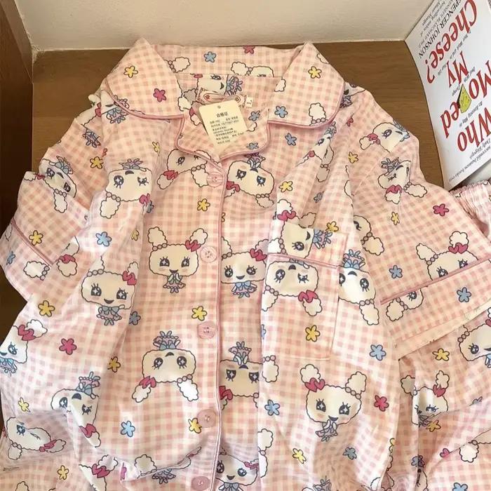 Ensemble pyjama imprimé Tamagotchi – Vêtements de nuit d'été en coton à manches courtes pour femmes (Shorts et haut de nuit mignons de dessin animé)
