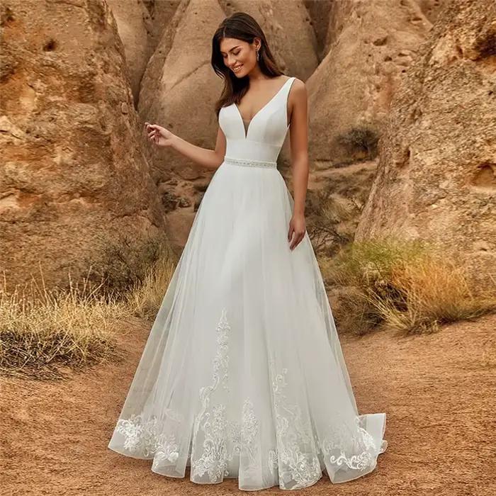 Combinaison de Mariage 2 en 1 avec Poignées, Jupe Amovible, Deux Pièces, Robes de Patients, Pantalon Trempé pour Femme, Dentelle, Tulle, Col en V, Train Personnalisé