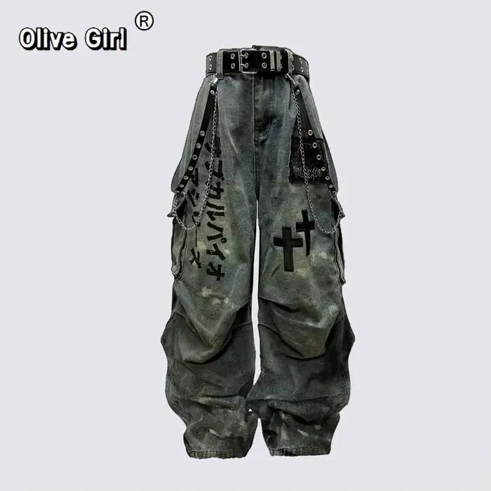 Veľká veľkosť lebka kríž dámske džínsy Denim nohavice americké retro atmosféra široké