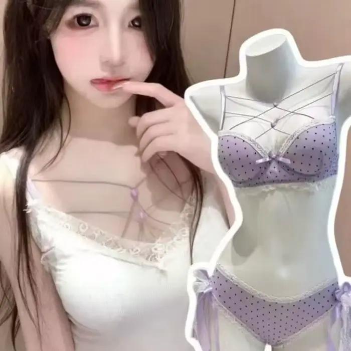 Ensemble soutien-gorge et culotte en dentelle à pois avec nœuds, lingerie sexy push-up pour femme
