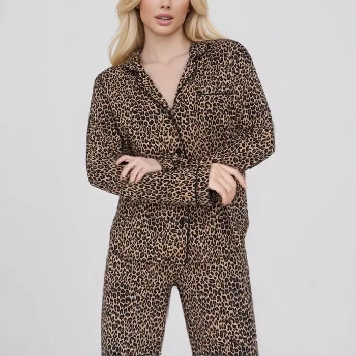 Leopardí módny pyžamový set pre ženy Modal jeseň zima nočné oblečenie s dlhými rukávmi nohavice kostým Pijama Feminino