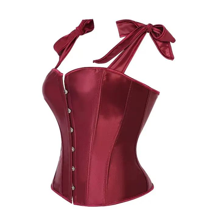Corset Rétro Vintage pour Femme, Top Bustier Sexy Rouge Vin en Satin avec Bretelles, Bustiers Goussetés Gothiques, Lingerie Sculptante Corsette