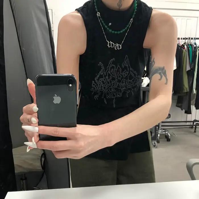 Karrcat Yamamoto Štýlové čierne tielko Grunge gotický rolák topy Cyber Y2k Chic dizajnérske oblečenie tmavá estetika Streetwear