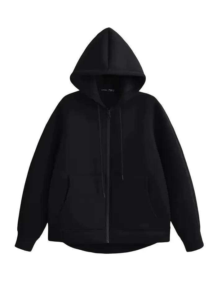 HH jeseň zima ženy zips kabát s kapucňou vysoká ulica dvojité vrecká oversized Jakcet mikiny am