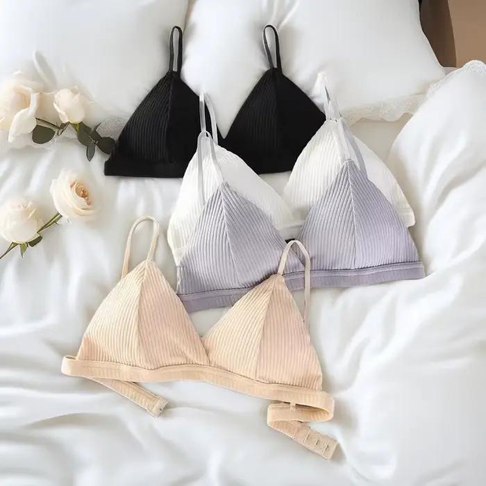 Soutien-gorge push-up en coton côtelé pour femme, bralette sans armatures, lingerie sexy simple à dos bas et fermeture à un seul crochet