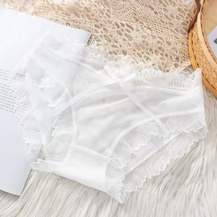 Culottes en dentelle taille basse en soie glacée avec nœud pour femme, entrejambe en coton, sans couture