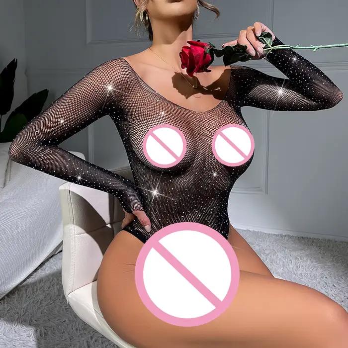 Lingerie sexy en résille pour femmes, costume porno, sous-vêtements en maille transparente, bas de batterie de sexe, costume de batterie, diamants, 7.0