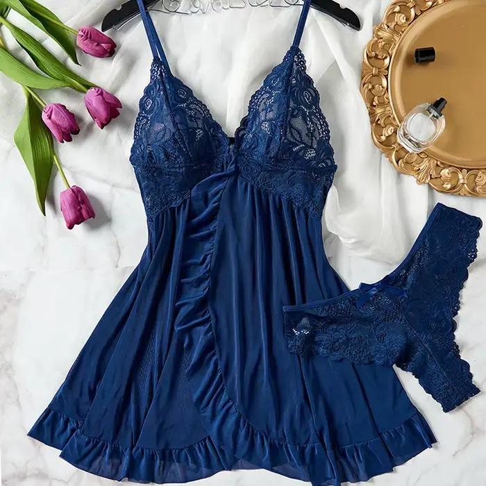 Tulle bretelles dentelle col en v vêtements de nuit sous-vêtements Semi-transparent robe de nuit femmes Sexy Lingerie chemises de nuit nuisettes