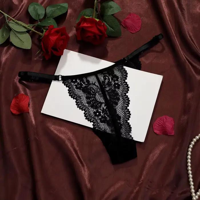 String sexy pour femme avec ceinture réglable, motif floral en dentelle, respirant, couleur unie, lingerie intime confortable