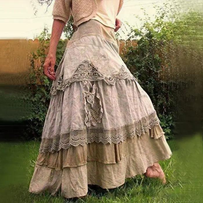 Jupe longue en dentelle pour femmes, style Boho, à plusieurs niveaux, filet évasé, boutons élégants, grande taille, en coton, nouvelle collection été 2024