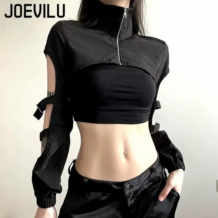 JOEVILU Dámske Cyberpunk Goth Harajuku Úroda Dlhé Rukávy Vystrihnuté Zips Tričko Y2K Grunge Streetwear