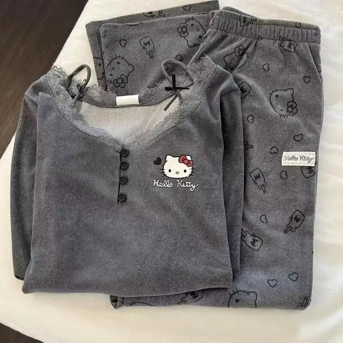 Ensemble pyjama gris Hello Kitty pour femmes, 2 pièces, manches longues, vêtements de nuit doux et confortables, imprimé, garniture en dentelle, vêtements de nuit