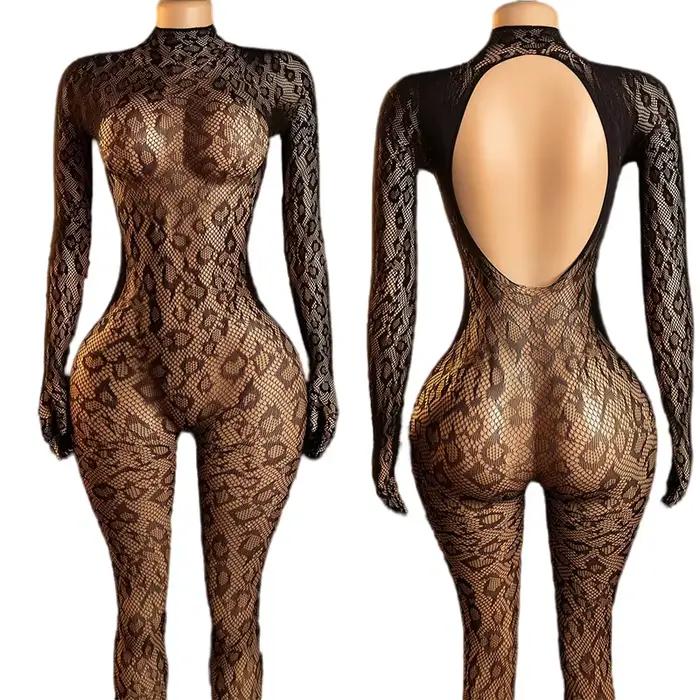 Combinaison résille sexy dos nu pour femme, ultra-fine, d'été, body en maille à manches longues, lingerie, justaucorps, combinaison de cosplay