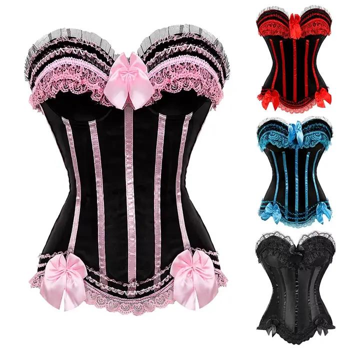 Corset rose pour femme, bustier victorien, rayé, sexy, surbuste, taille, amincissant, princesse, costume d'Halloween