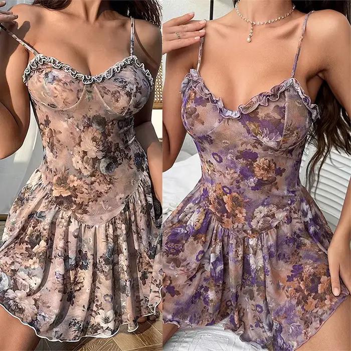 Kvetinová camisole nočná košeľa s mini sukňou a čipkou